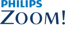 The image shows a logo with the text  PHILIPS ZOOM  above a stylized depiction of a magnifying glass, set against a blue background with white lettering.