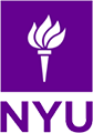 The image displays a logo with a purple background featuring a stylized flame on the left side and a torch with an olive branch wrapped around it, above which is the text  NYU  in capital letters.