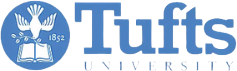 The image shows a logo with text that reads  TUFTS UNIVERSITY SCHOOL OF THE ARTS  against a blue background, featuring a white bird at the top left corner of the logo.
