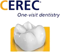 The image shows a logo with the text  CEREC  above a graphic of a tooth, accompanied by the tagline  ONE-VISIT DENTISTRY.